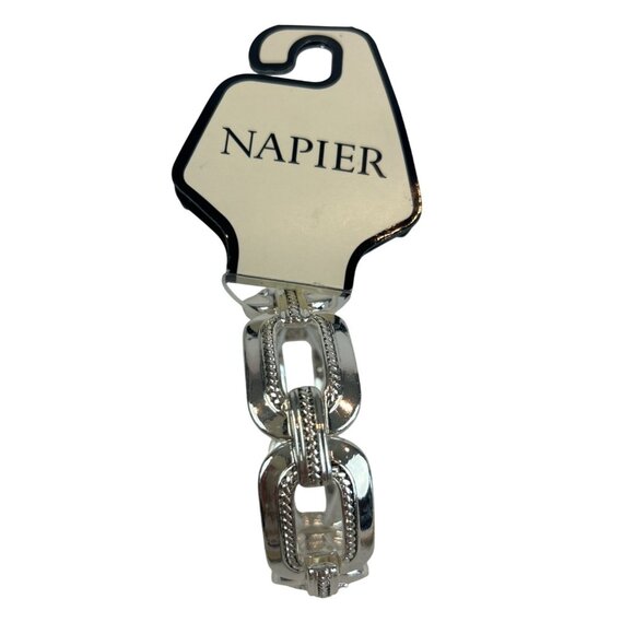 Napier Silver Tone Hinged Bracelet Textured Chunky Links Jewelry Stretch - Picture 1 of 8